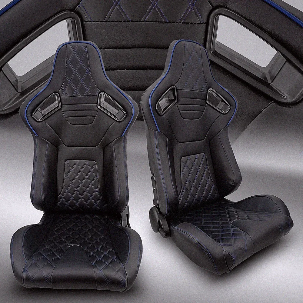 2 x Reclinable PVC Leather/Blue Strip Left/Right Racing Seats Pair W/ Slider