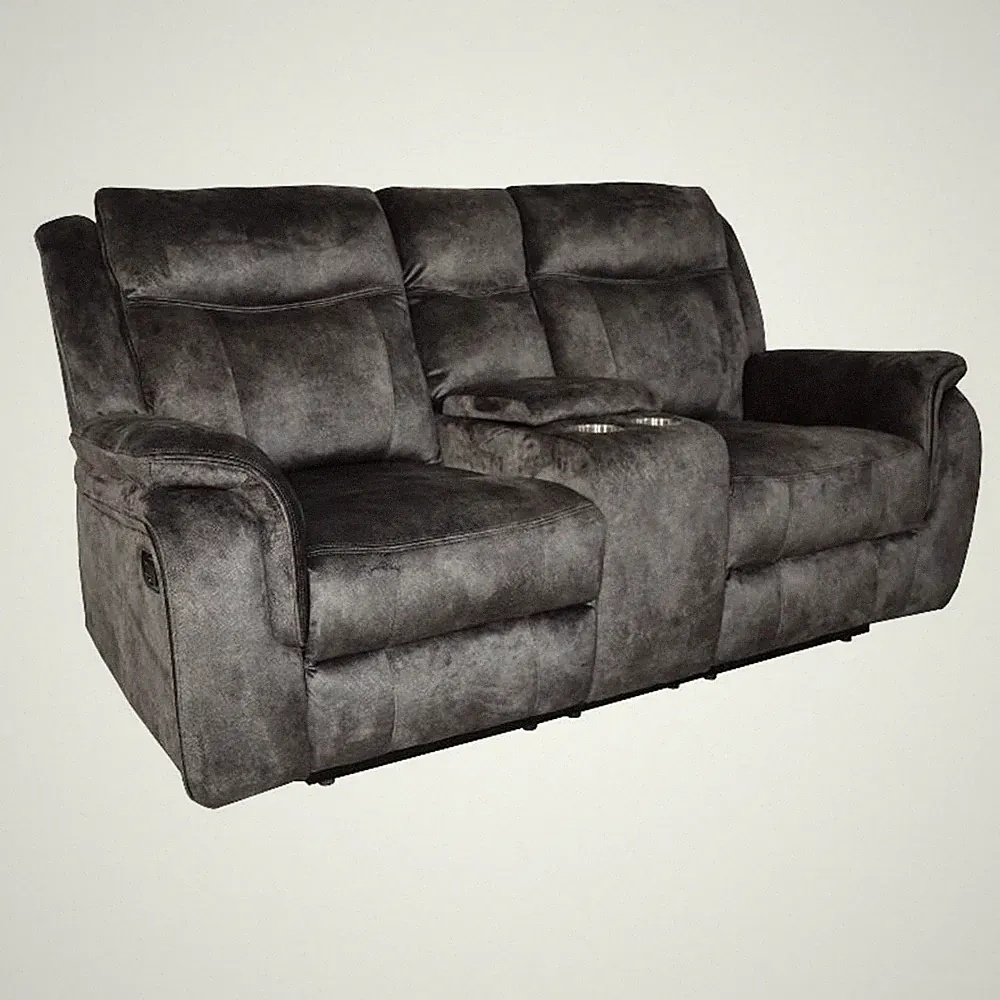 Benjara Harbor 73" Loveseat- Dual Recliners and Console- Gray Faux Suede