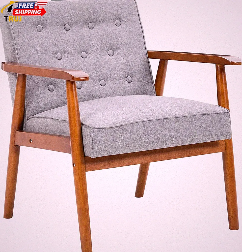 Leisure Chair Solid Wood Armrest Accent Chair Fabric Upholstered Wooden Lounge