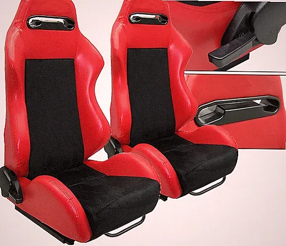 NEW 1 PAIR RED PVC LEATHER & BLACK SUEDE ADJUSTABLE RACING SEATS CHEVROLET ****