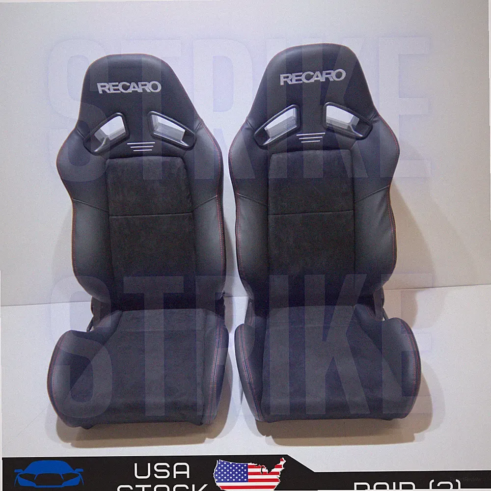 Recaro Style Suede Black Leather Single Adjuster Logo Seats Reclinable 2 Pieces