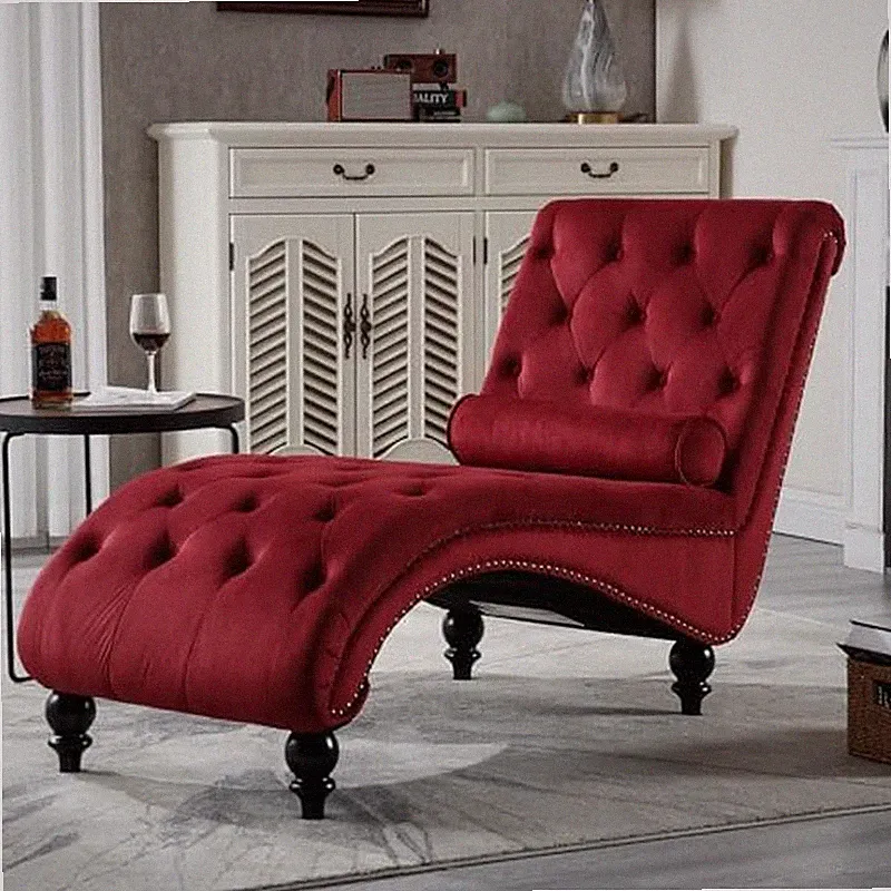 Red Velvet Chaise Lounge Chair with Pillow - Modern Button-Tufted Recliner